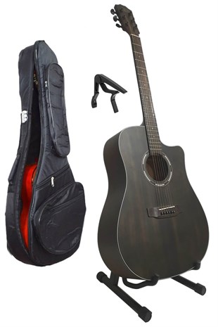 Midex FB-310X BK Set Kesik Kasa Cutaway Akustik Gitar (Stand Case Capo Hediye))