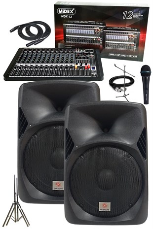 Midex Music Set-2 Aktif Ses Sistemi Paketi (Hoparlör Mixer Mikrofon Stand)