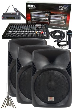 Midex Music Set-3 Aktif Ses Sistemi Paketi (Hoparlör Mixer Mikrofon Stand)